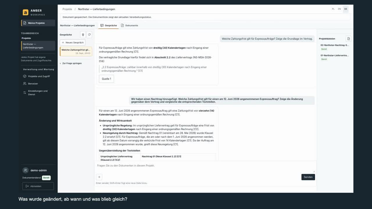 Die laufende Anwendung beantwortet eine Frage zu Vertrag und Nachtrag und verweist auf die Dokumente.