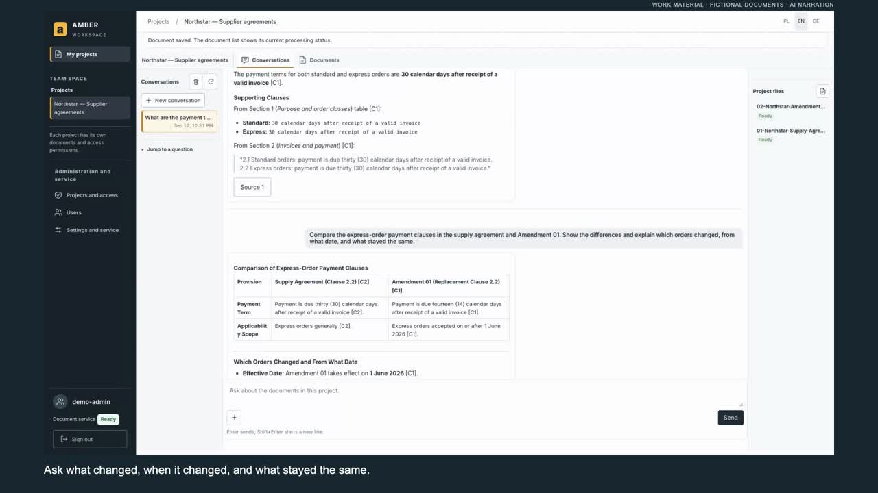The running application answers a question about an agreement and its amendment, with references to the documents.