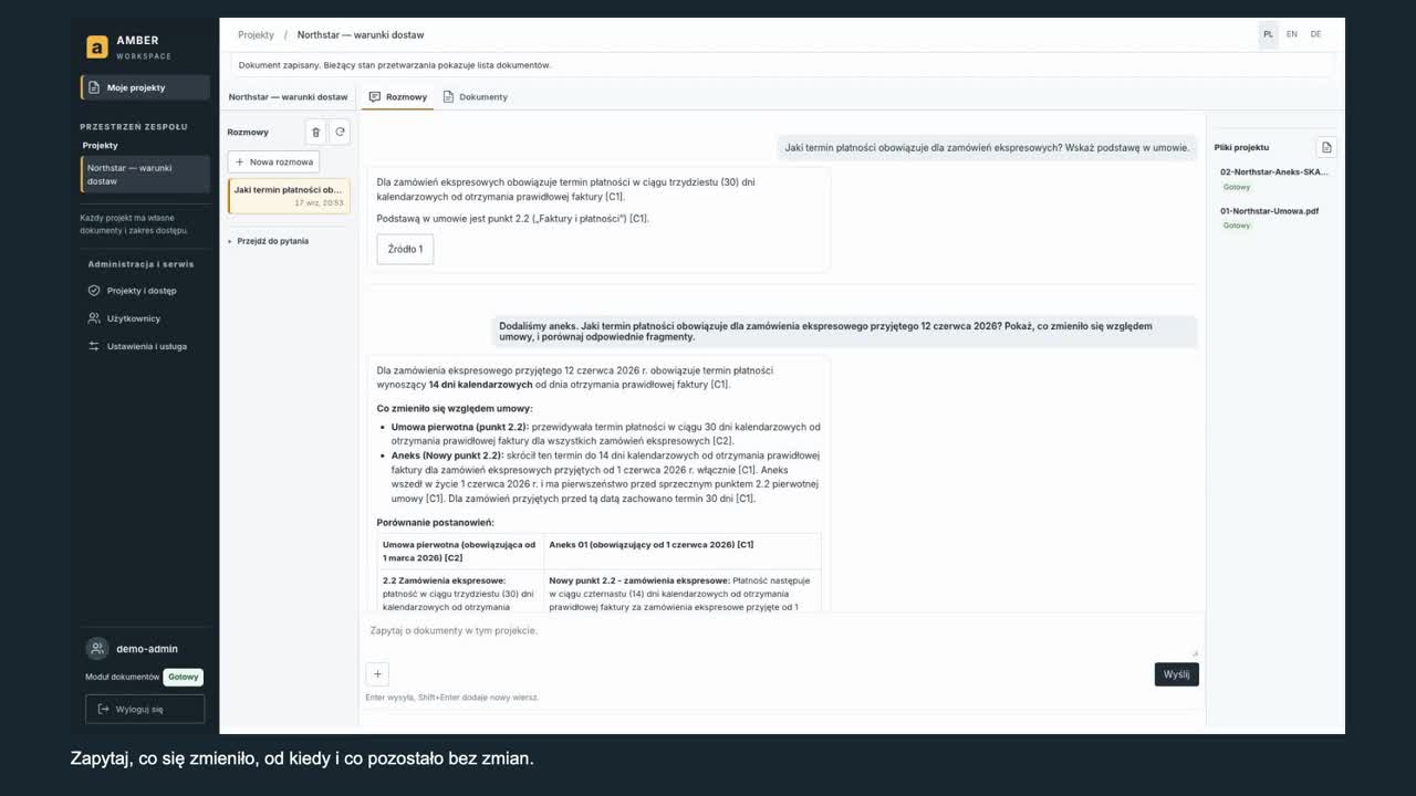 Działająca aplikacja odpowiada na pytanie o umowę i aneks, wskazując dokumenty źródłowe.